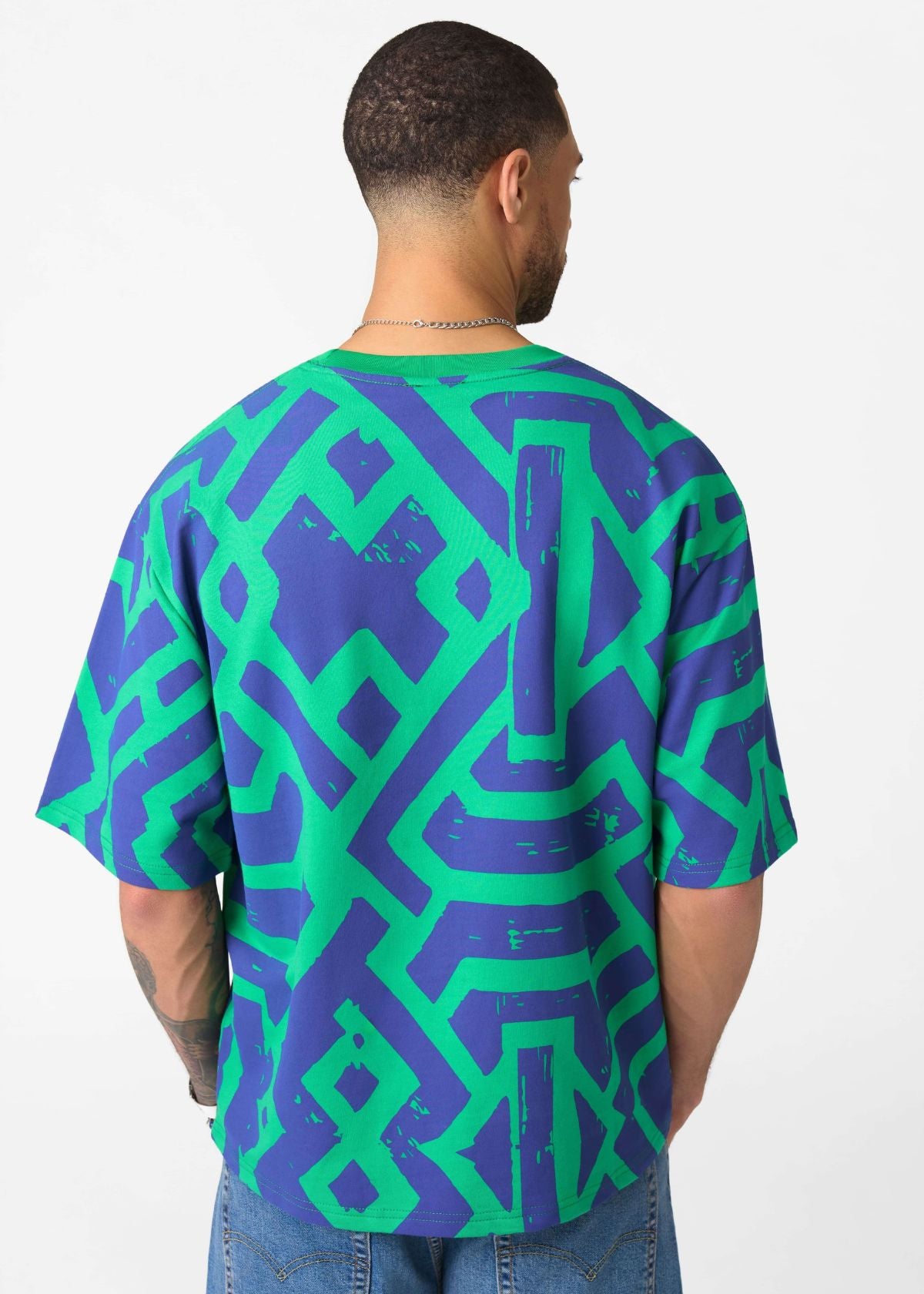 Rotimi Men's French Terry Short Sleeve Shirt (Teal Navy Tribal) - D'IYANU