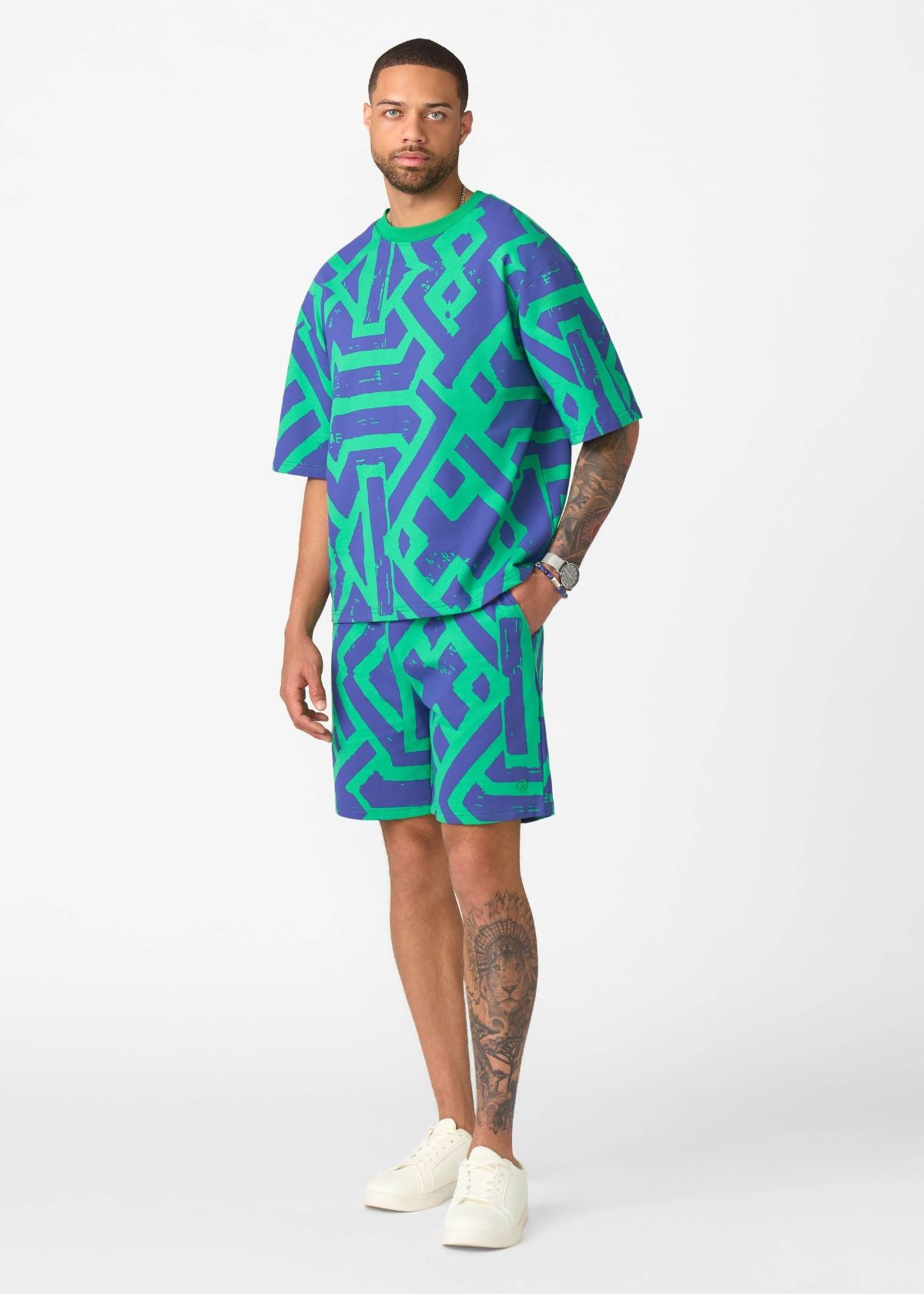 Rotimi Men's French Terry Short Sleeve Shirt (Teal Navy Tribal) - D'IYANU