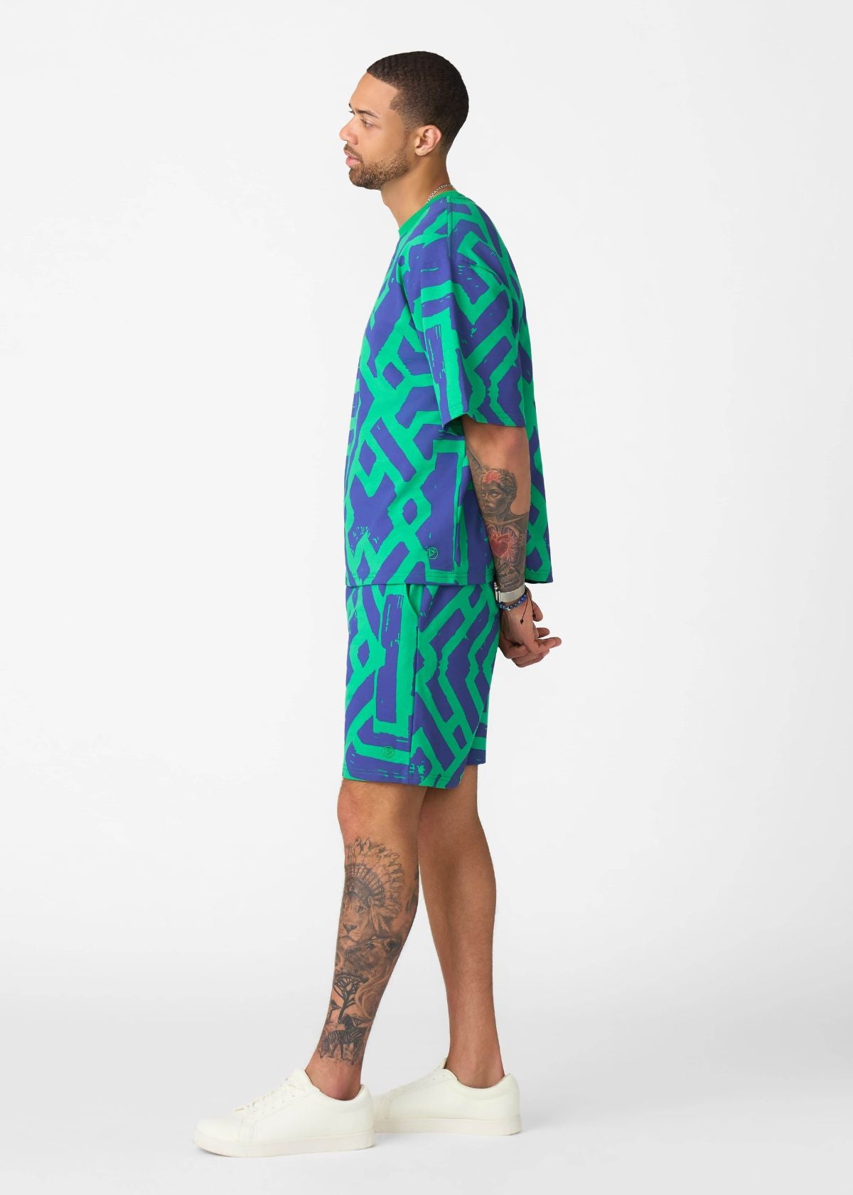 Rotimi Men's French Terry Short Sleeve Shirt (Teal Navy Tribal) - D'IYANU