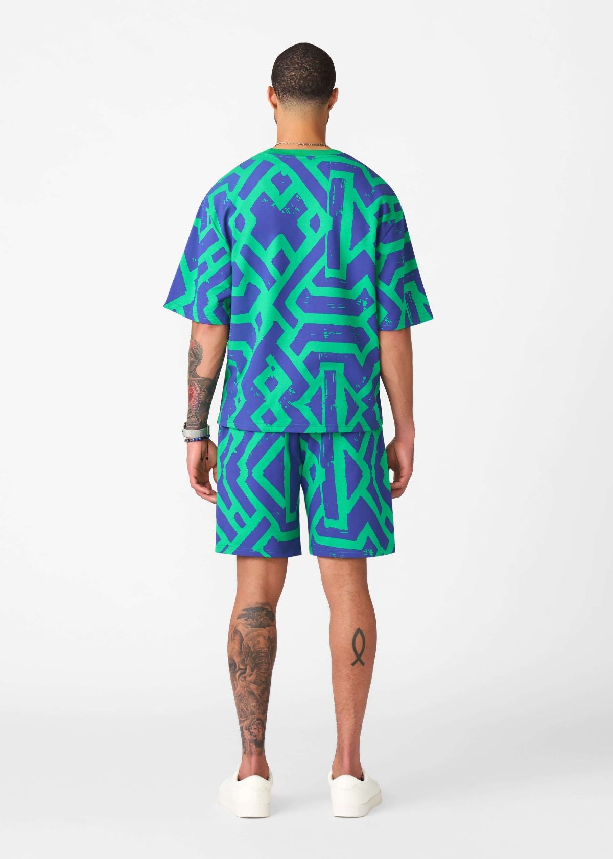 Rotimi Men's French Terry Short Sleeve Shirt (Teal Navy Tribal) - D'IYANU