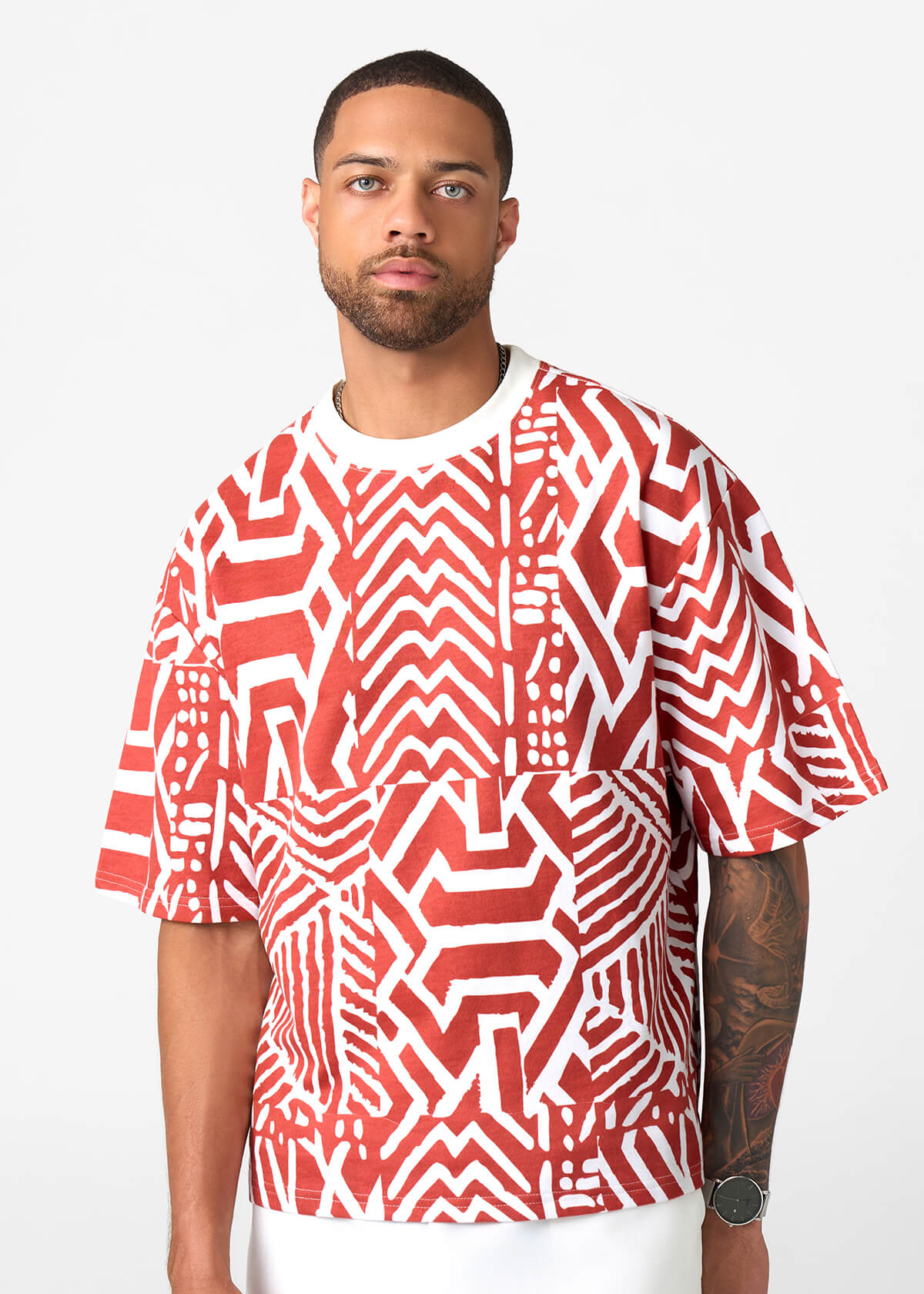 Rotimi Men's French Terry Short Sleeve Shirt (Brick Multipattern)