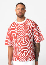 Rotimi Men's French Terry Short Sleeve Shirt (Brick Multipattern)