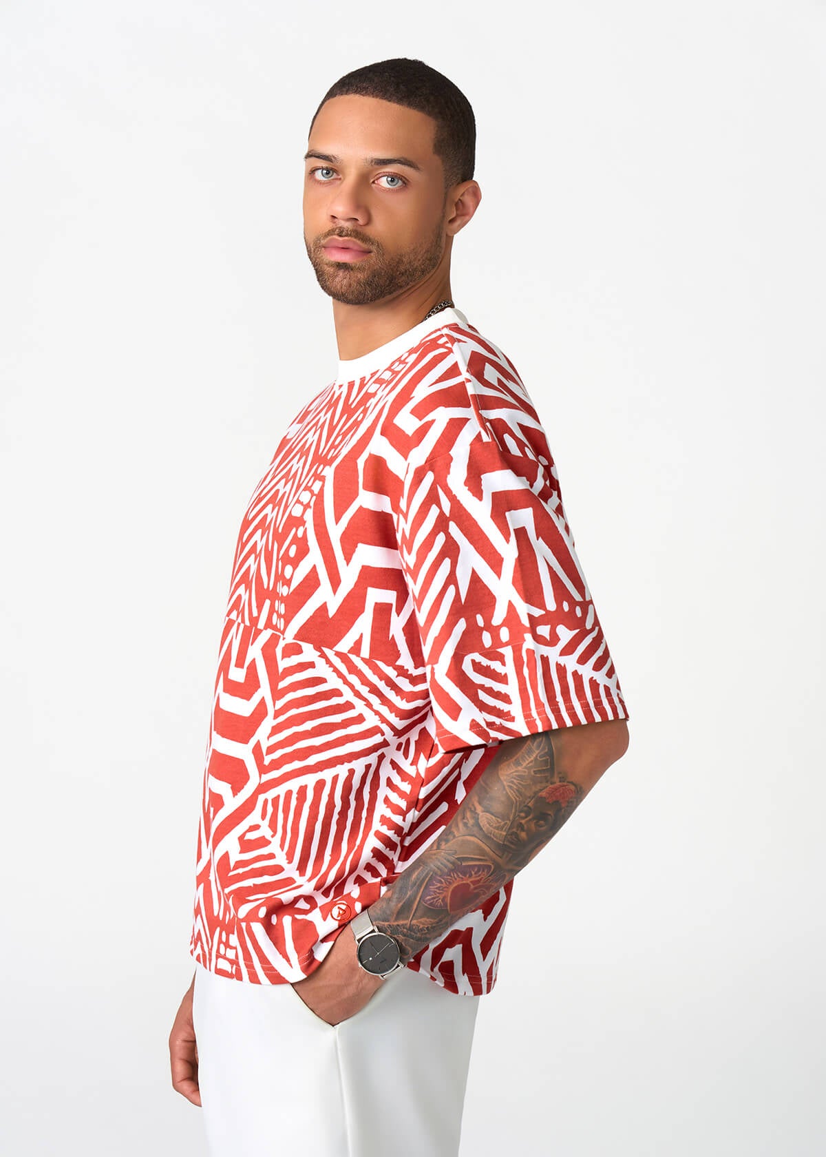 Rotimi Men's French Terry Short Sleeve Shirt (Brick Multipattern)