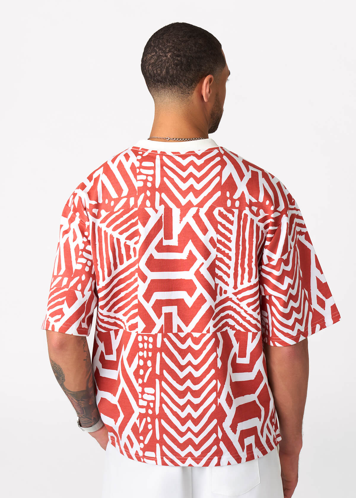 Rotimi Men's French Terry Short Sleeve Shirt (Brick Multipattern)