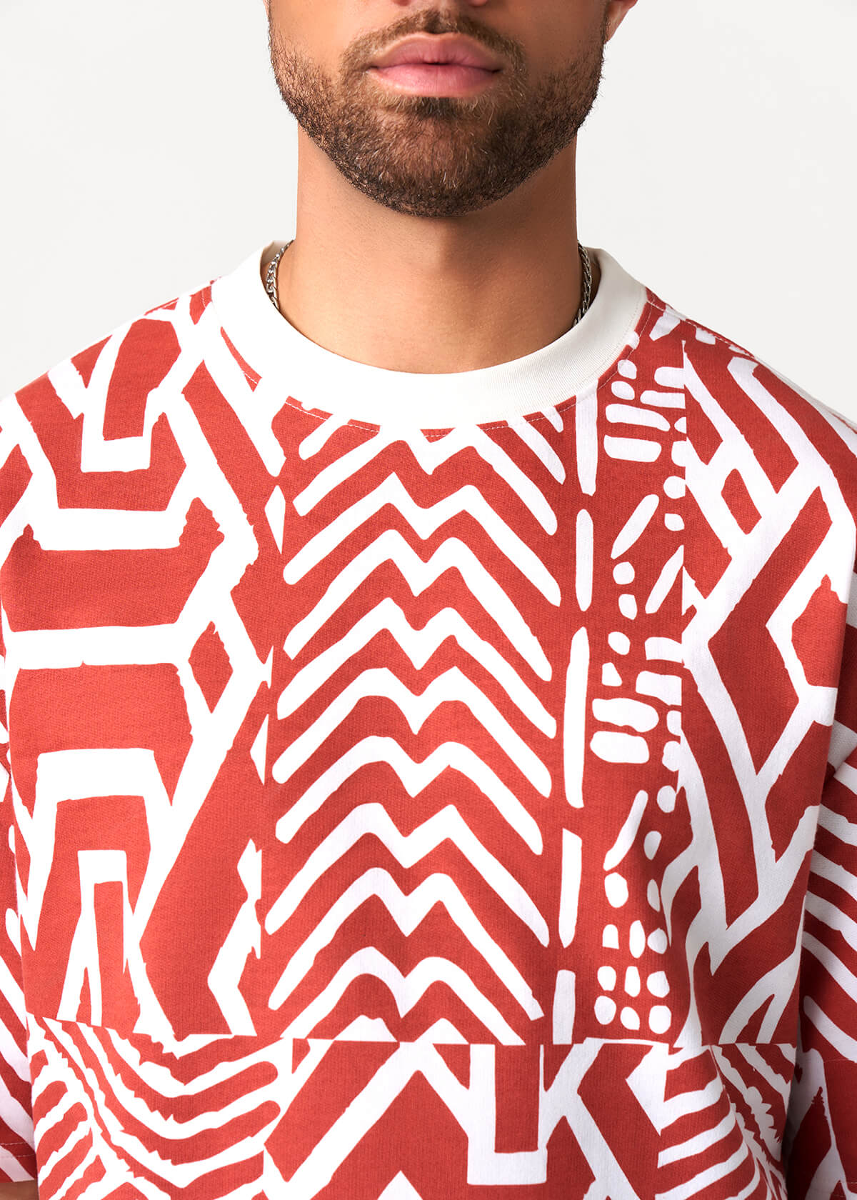 Rotimi Men's French Terry Short Sleeve Shirt (Brick Multipattern)