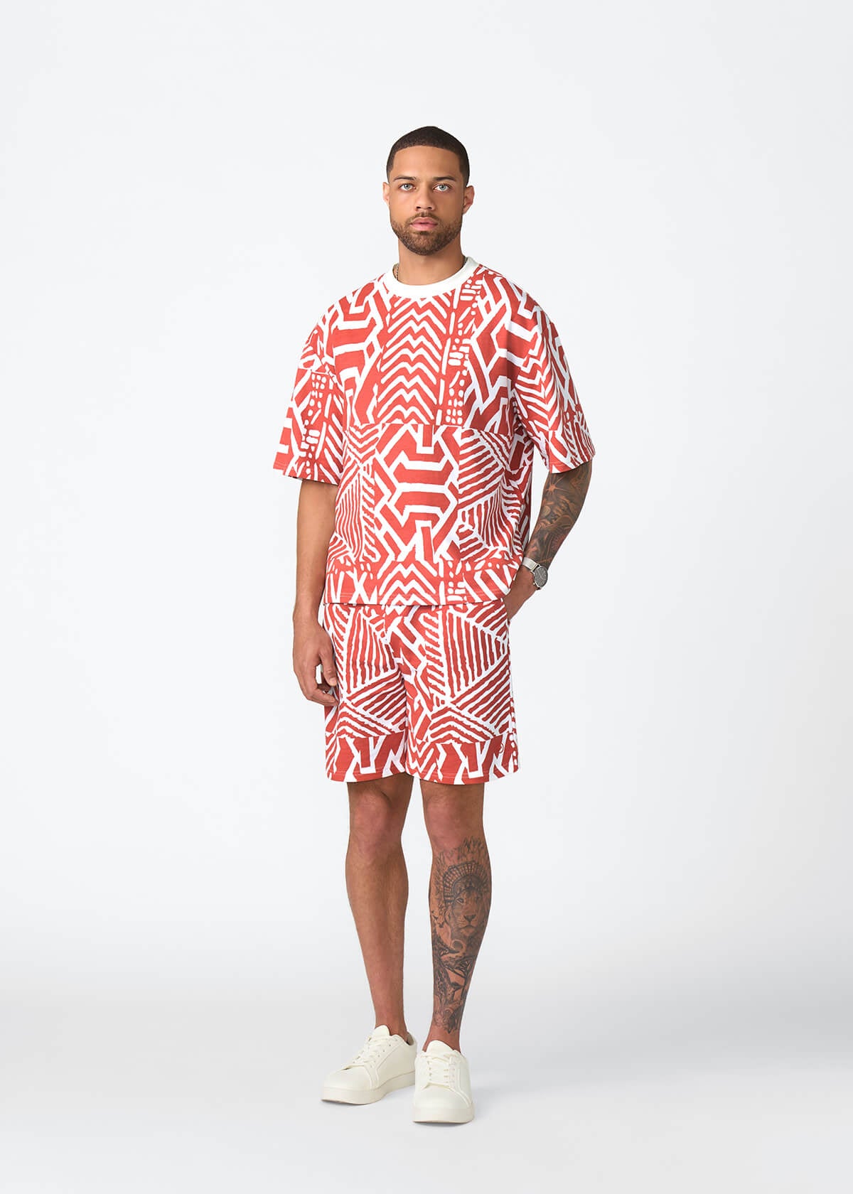 Rotimi Men's French Terry Short Sleeve Shirt (Brick Multipattern)