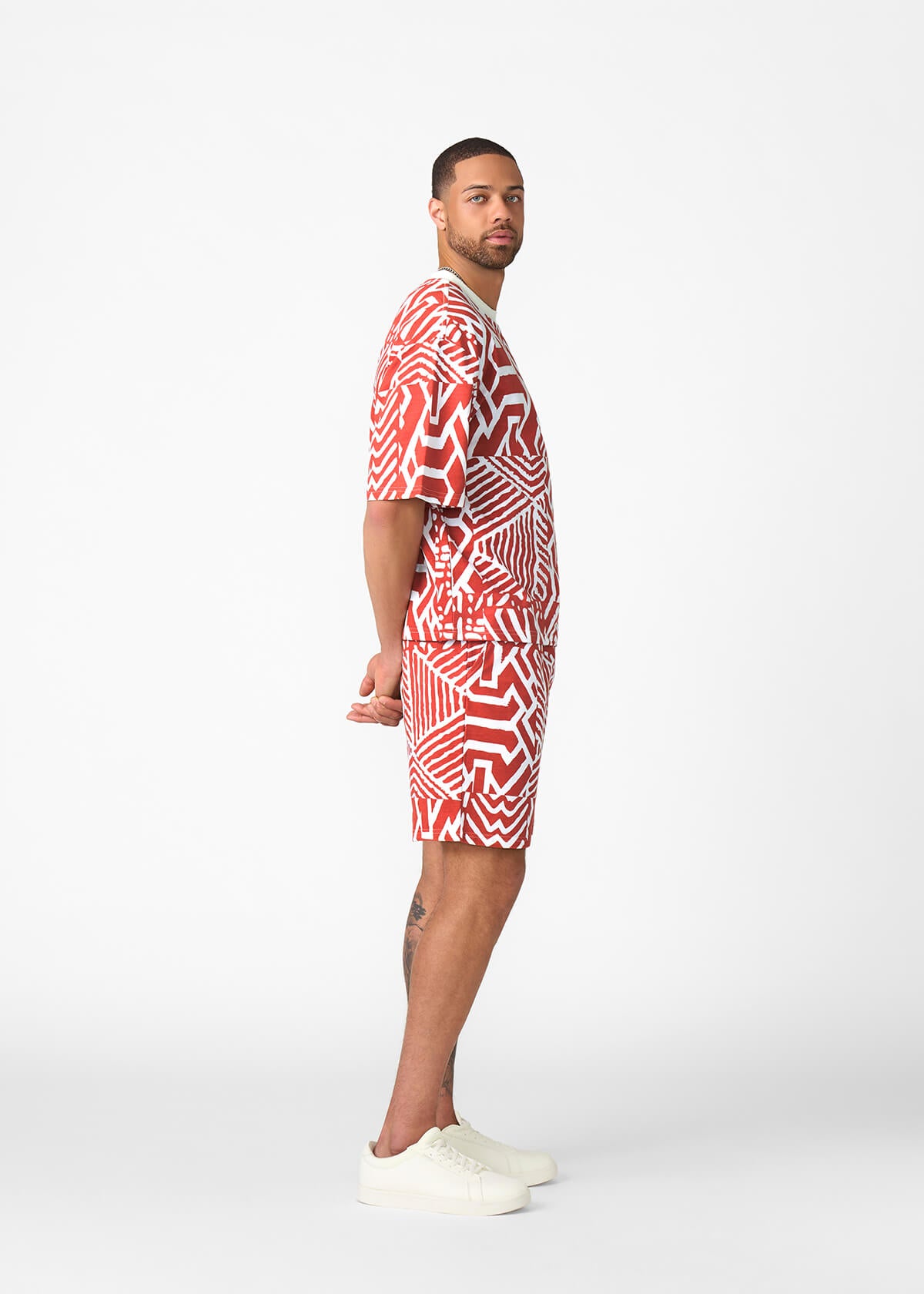 Rotimi Men's French Terry Short Sleeve Shirt (Brick Multipattern)