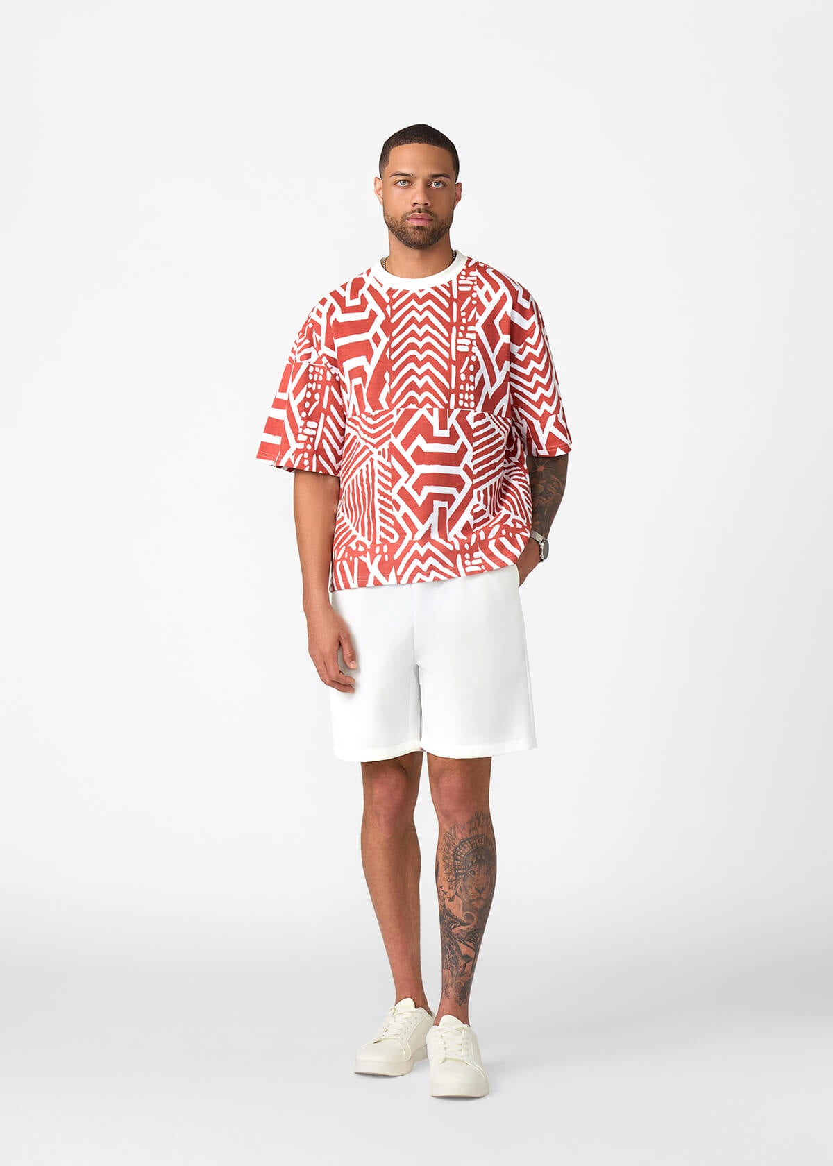 Rotimi Men's French Terry Short Sleeve Shirt (Brick Multipattern)
