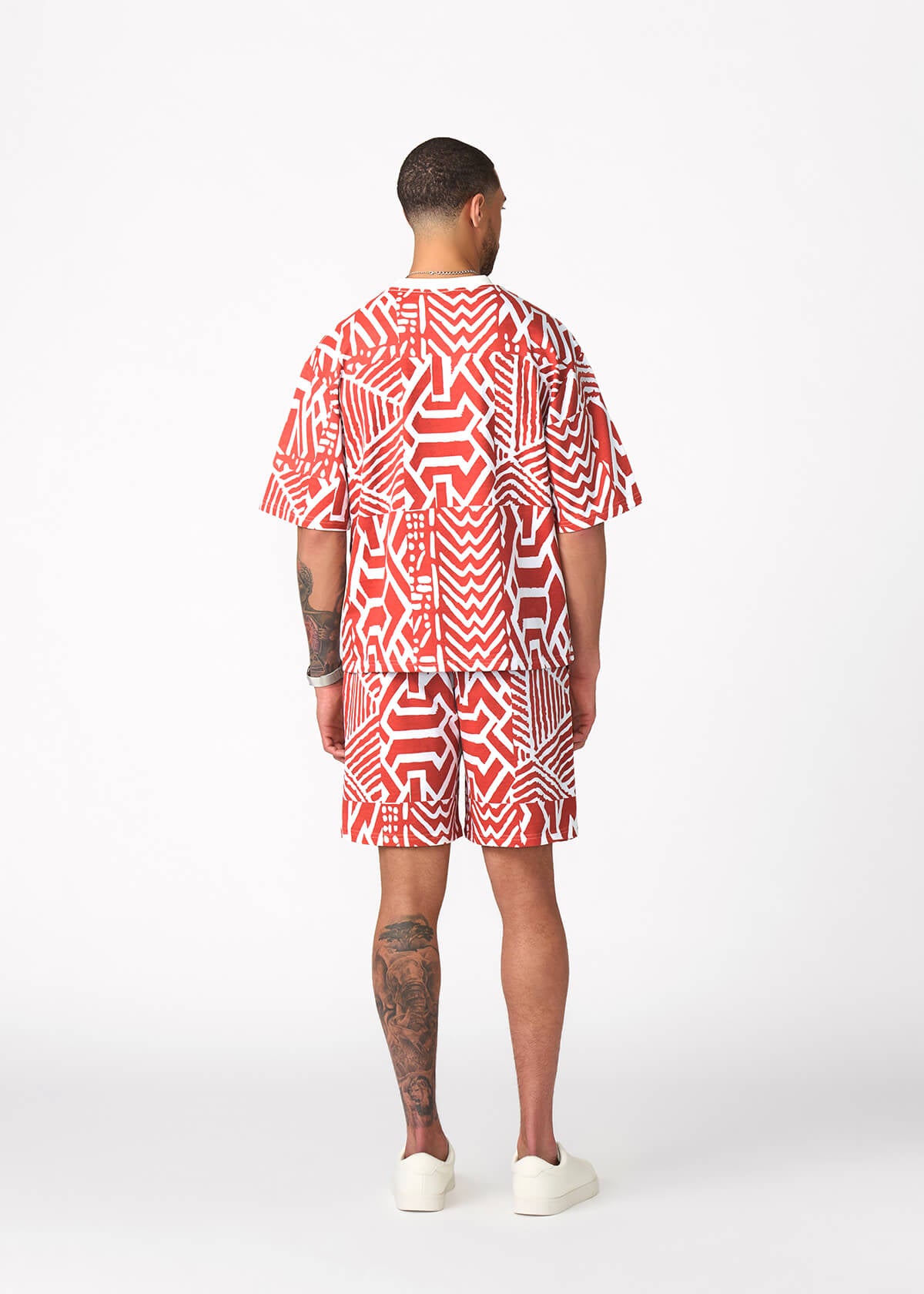 Rotimi Men's French Terry Short Sleeve Shirt (Brick Multipattern)