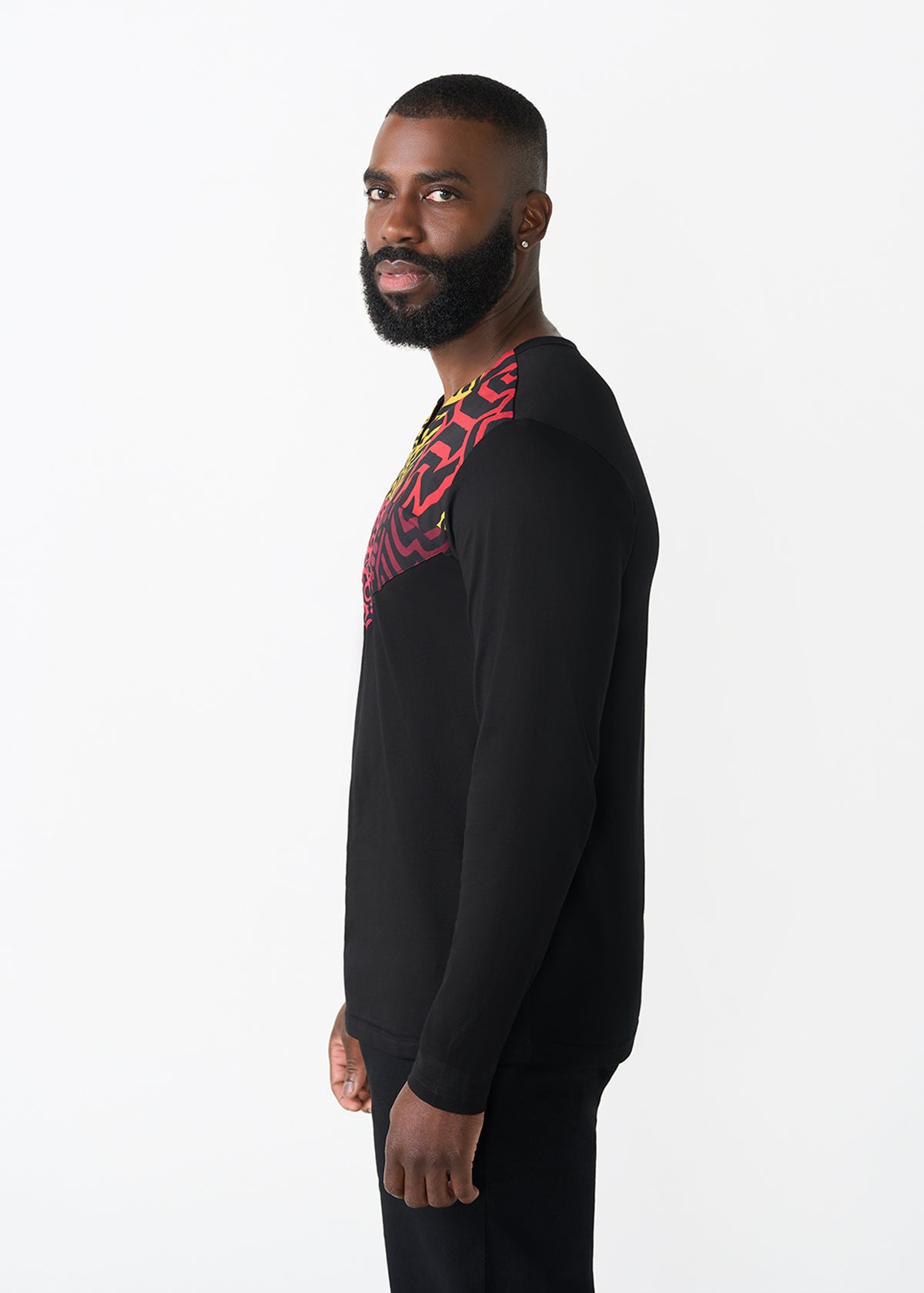Rufaro Men's African Print Applique T-Shirt (Black Cherry Multipattern)