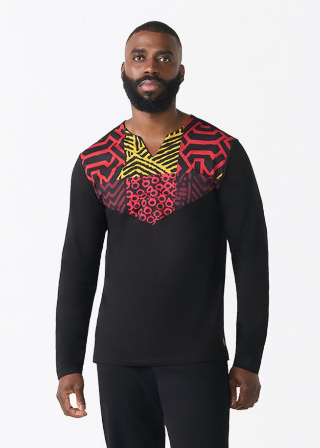 Rufaro Men's African Print Applique T-Shirt (Black Cherry Multipattern)