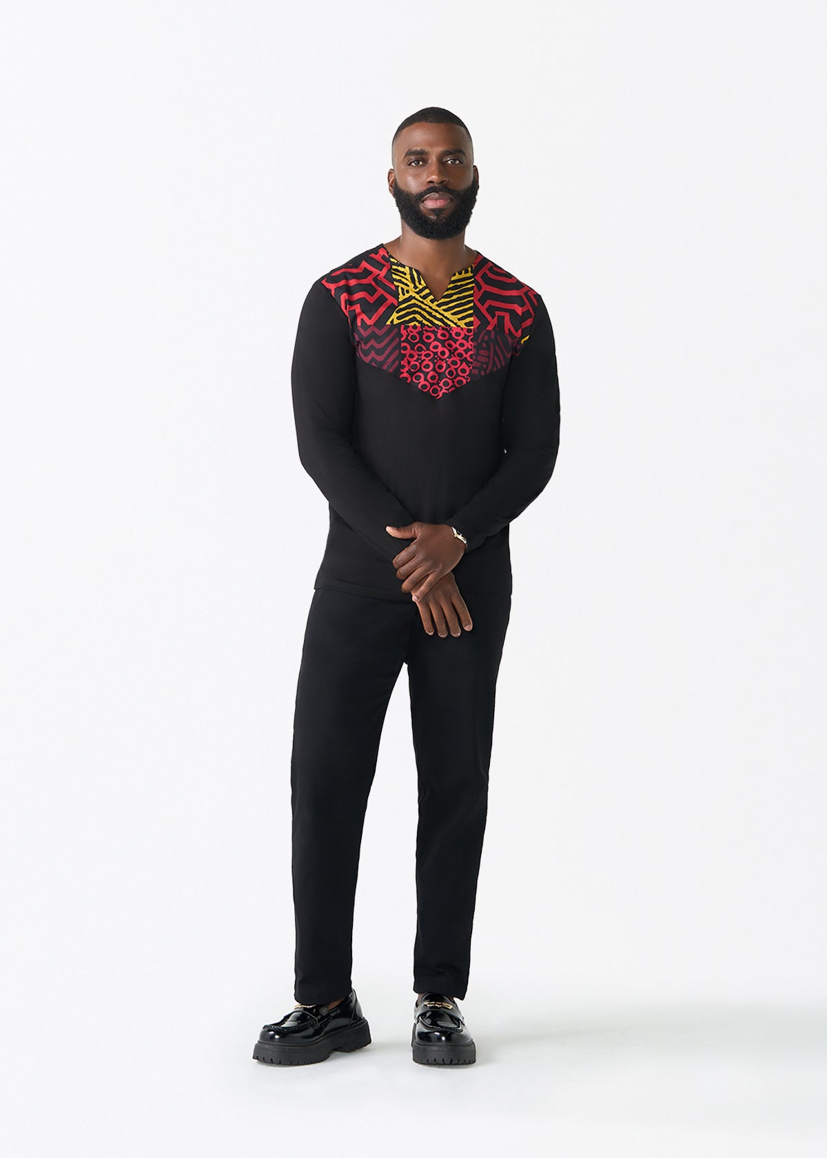 Rufaro Men's African Print Applique T-Shirt (Black Cherry Multipattern)