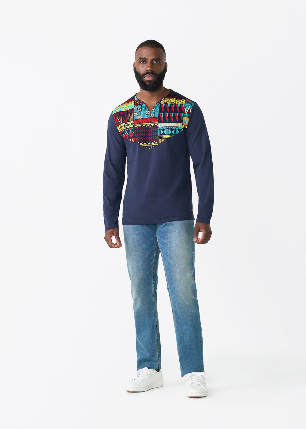 Rufaro Men's African Print Applique T-Shirt (Navy Multicolor Kente)