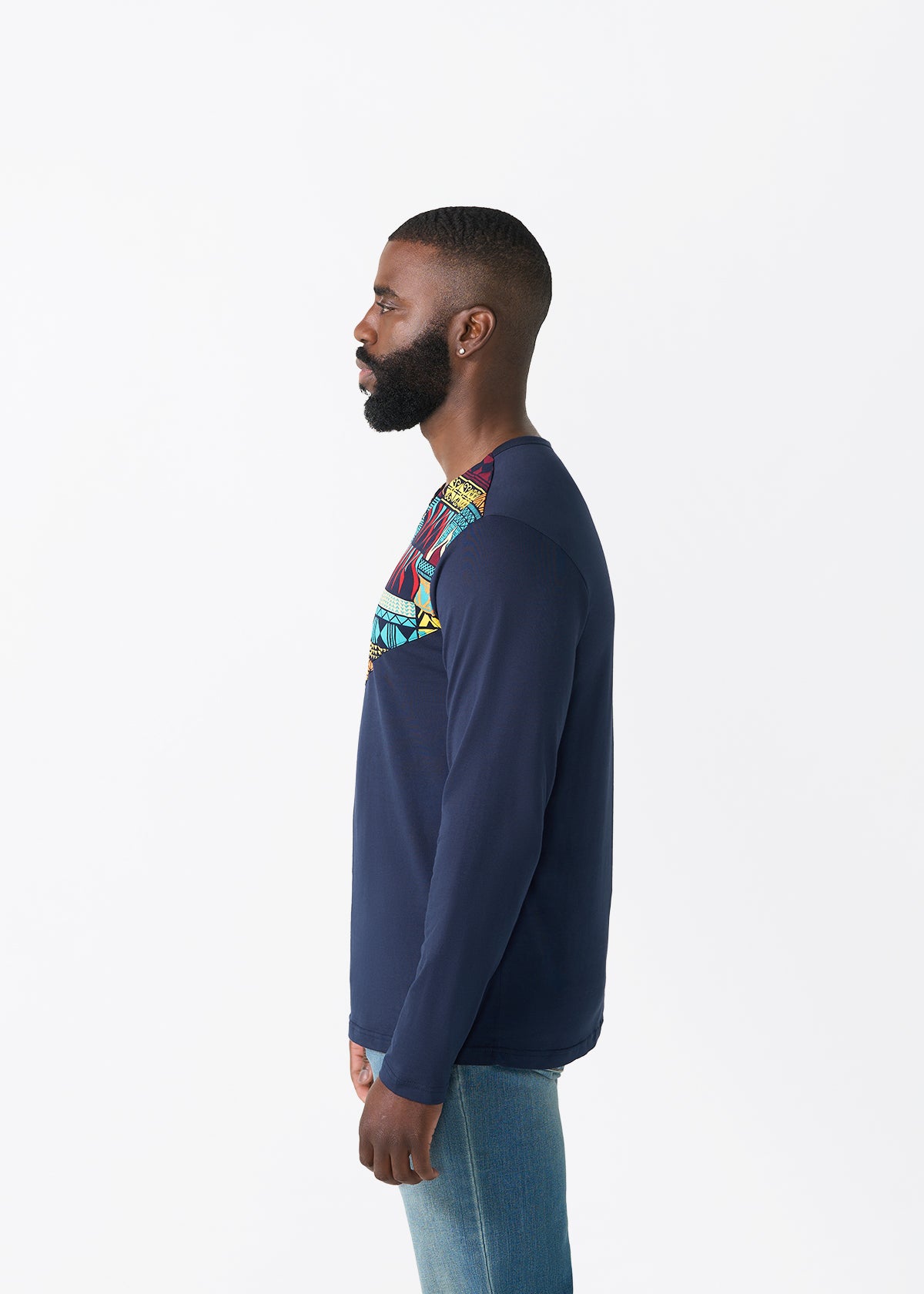 Rufaro Men's African Print Applique T-Shirt (Navy Multicolor Kente)