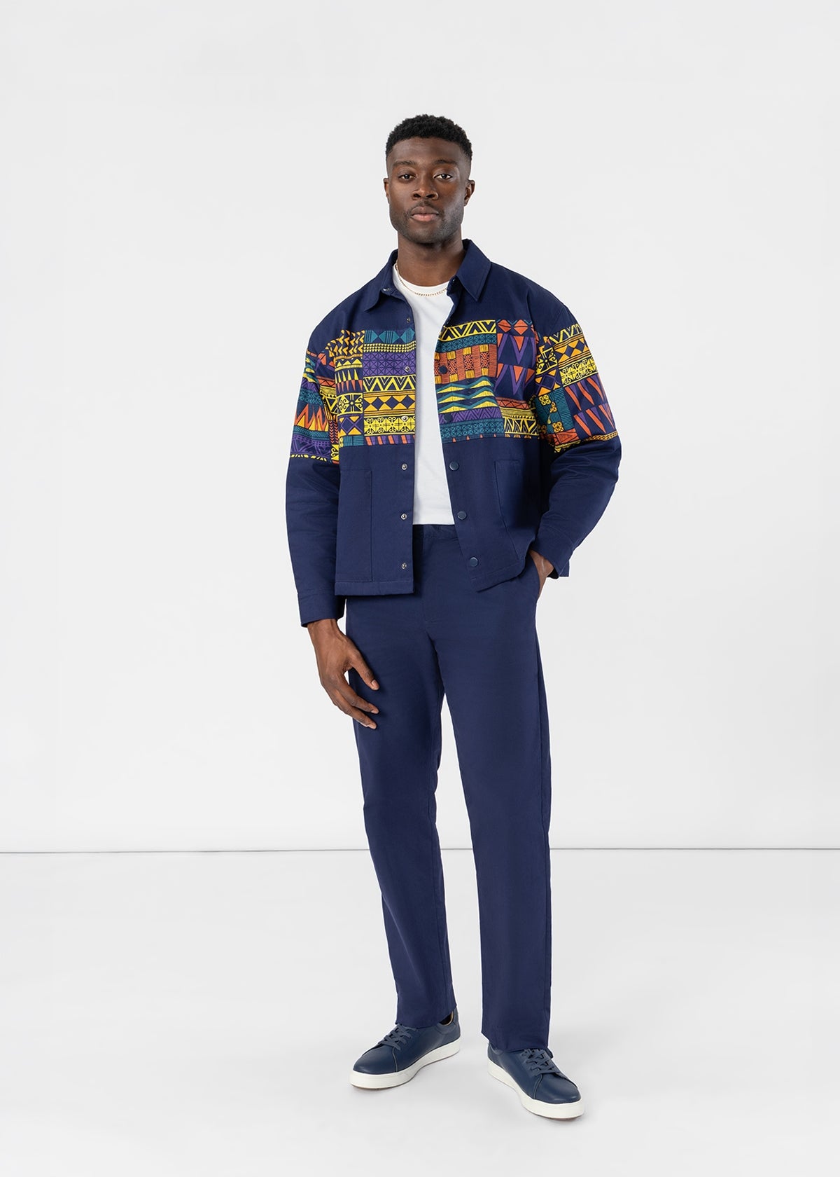 Safir Men's African Print Twill Color block Overshirt (Navy Gold Kente) - D'IYANU