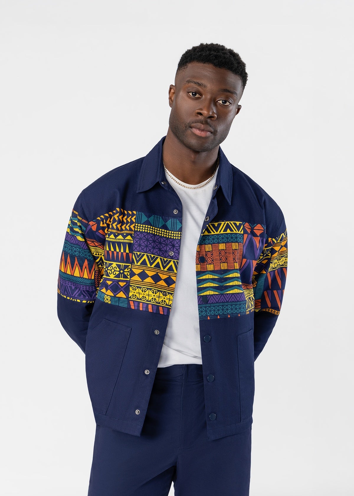 Safir Men's African Print Twill Color block Overshirt (Navy Gold Kente) - D'IYANU