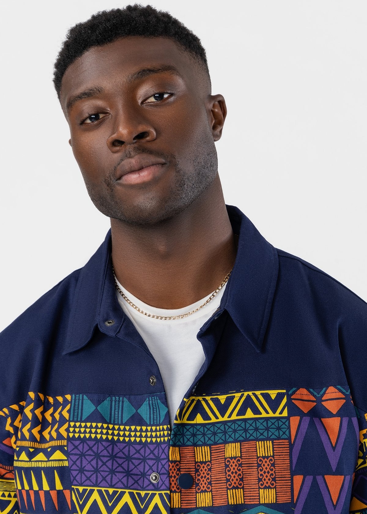 Safir Men's African Print Twill Color block Overshirt (Navy Gold Kente) - D'IYANU