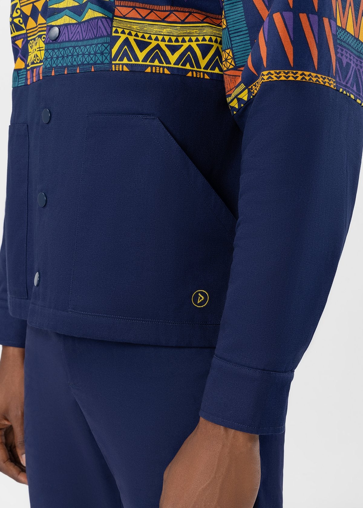 Safir Men's African Print Twill Color block Overshirt (Navy Gold Kente) - D'IYANU