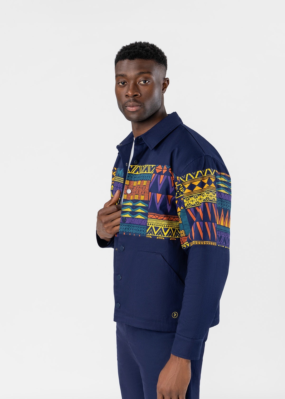 Safir Men's African Print Twill Color block Overshirt (Navy Gold Kente) - D'IYANU