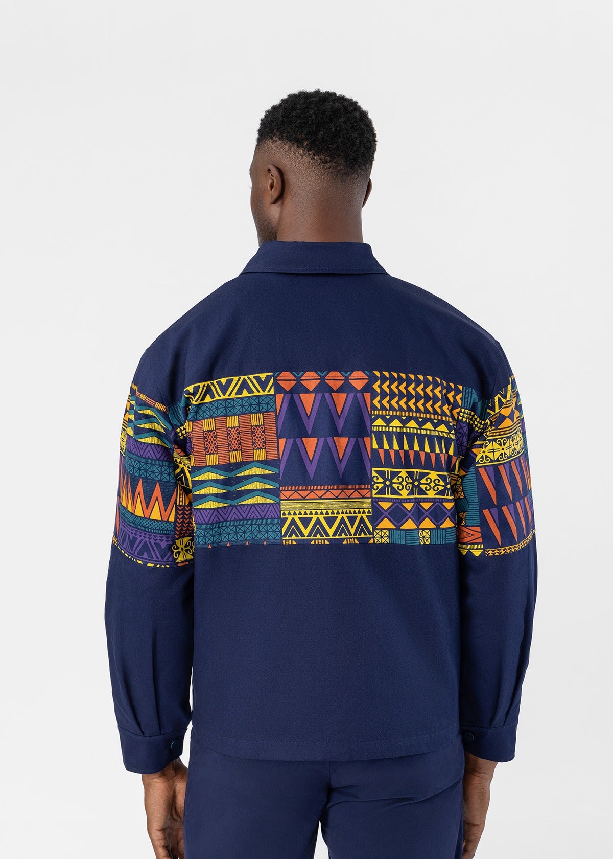 Safir Men's African Print Twill Color block Overshirt (Navy Gold Kente) - D'IYANU