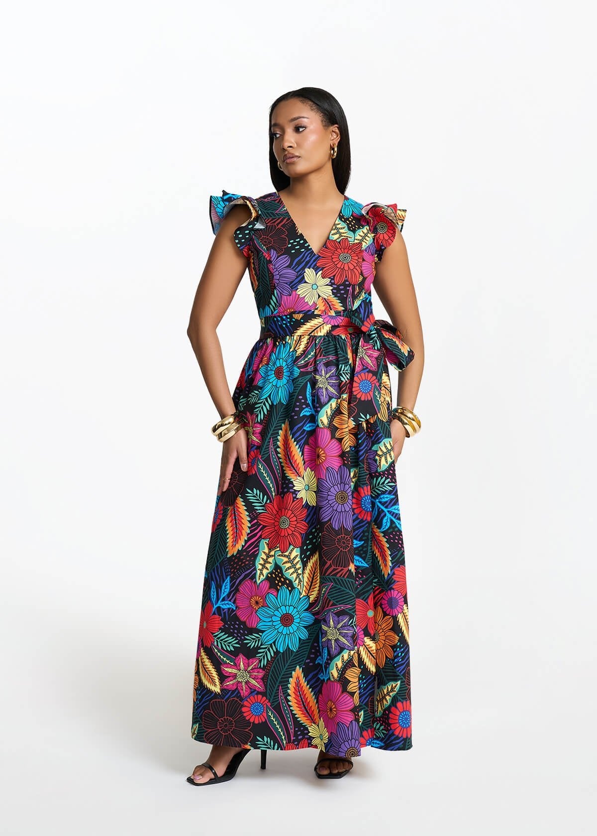Saleema Women's African Print Maxi Dress (Black Tropical Floral) - D'IYANU