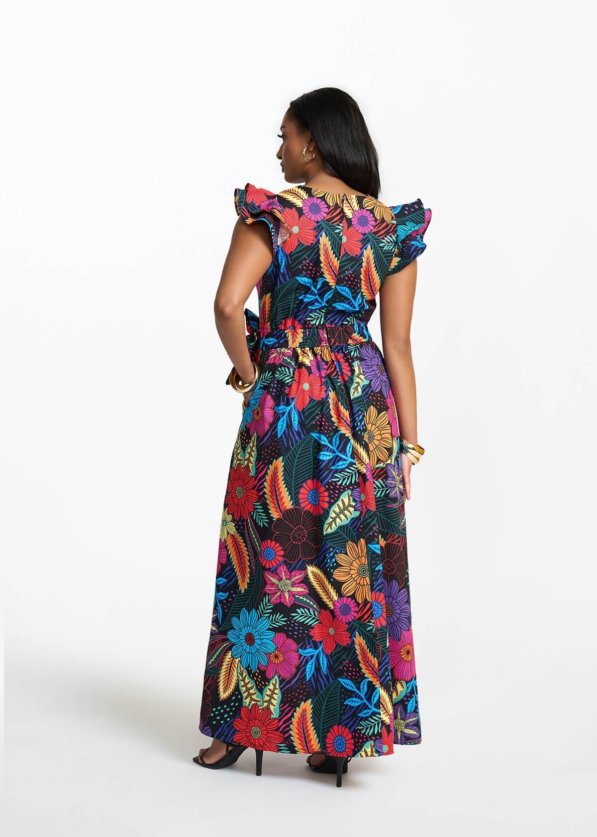 Saleema Women's African Print Maxi Dress (Black Tropical Floral) - D'IYANU