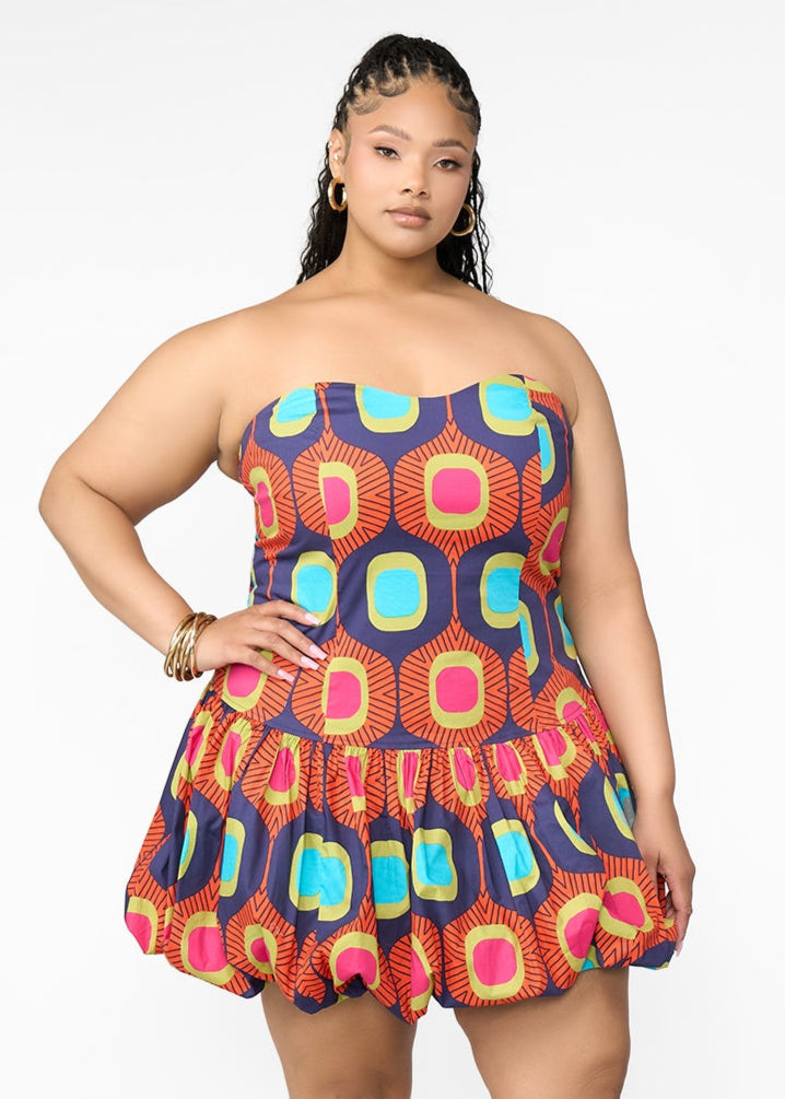 Sani Women's African Print Corset Bubble Hem Mini Dress (Orange Navy Mod)