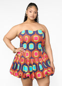 Sani Women's African Print Corset Bubble Hem Mini Dress (Orange Navy Mod) - Clearance