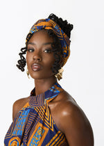 Women's African Print Head Wrap/Scarf (Royal Blue Geometric) - D'IYANU