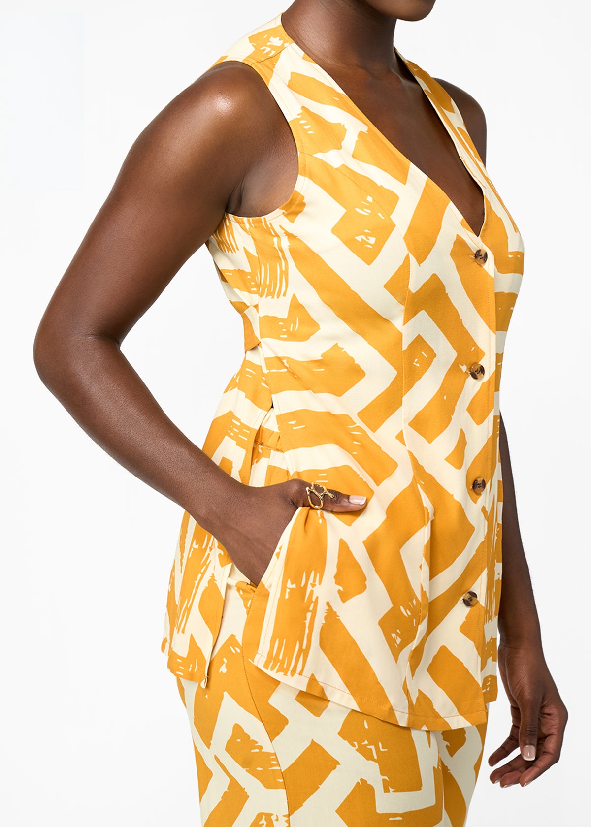 Sekaia Women's African Print Button-Up Vest (Gold Cream Tribal)