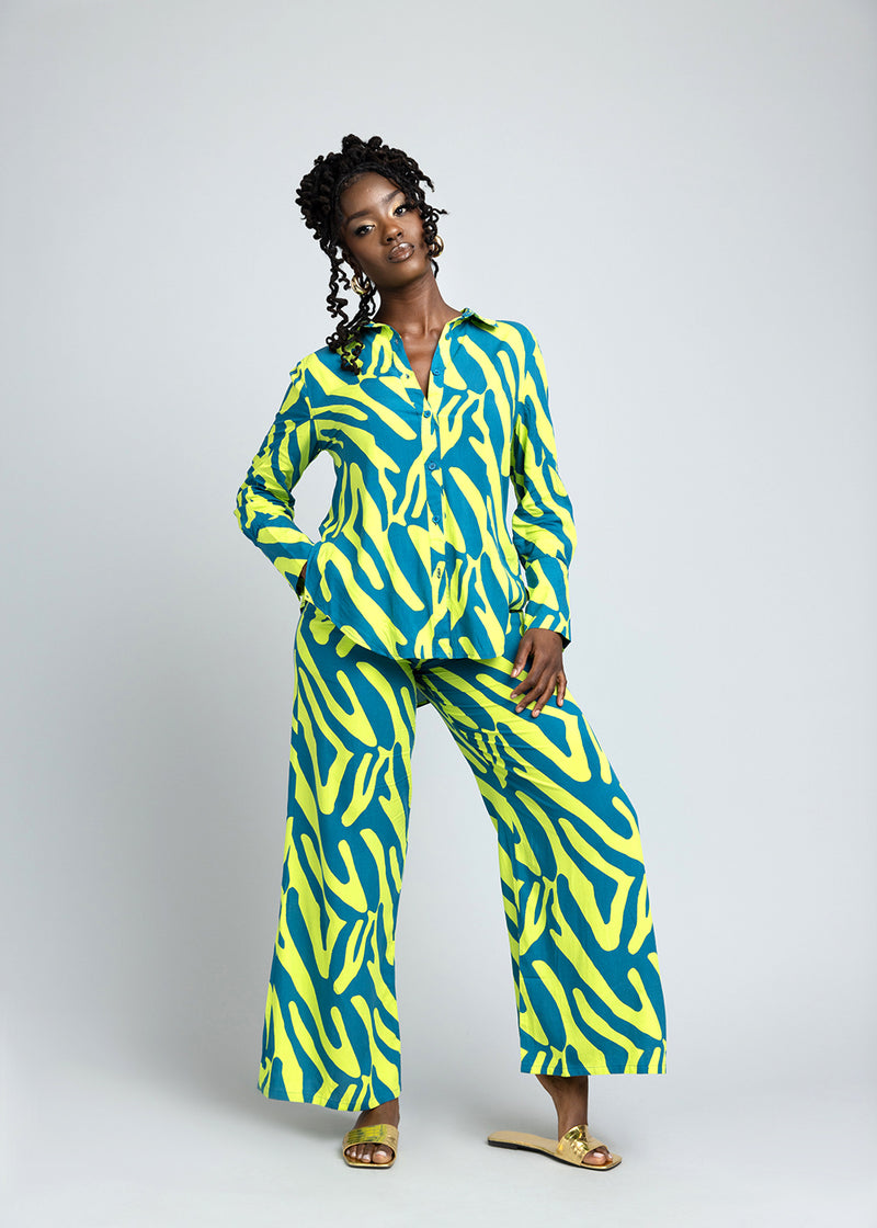 Sika Women's African Print Wide Leg Pants (Lime Zebra Abstract)