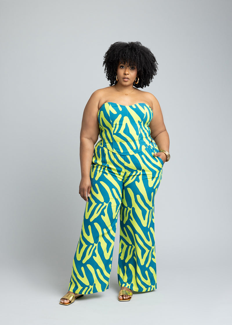 Sika Women's African Print Wide Leg Pants (Lime Zebra Abstract)