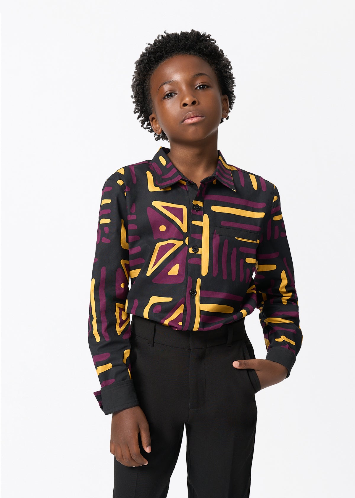 Simiyu Boy's African Print Button-Up (Plum Black Tribal) - D'IYANU
