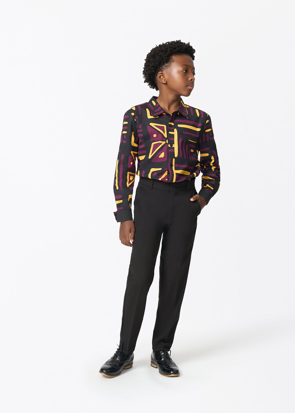 Simiyu Boy's African Print Button-Up (Plum Black Tribal) - D'IYANU