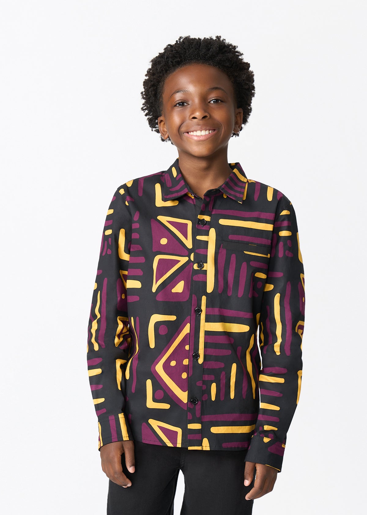 Simiyu Boy's African Print Button-Up (Plum Black Tribal) - D'IYANU