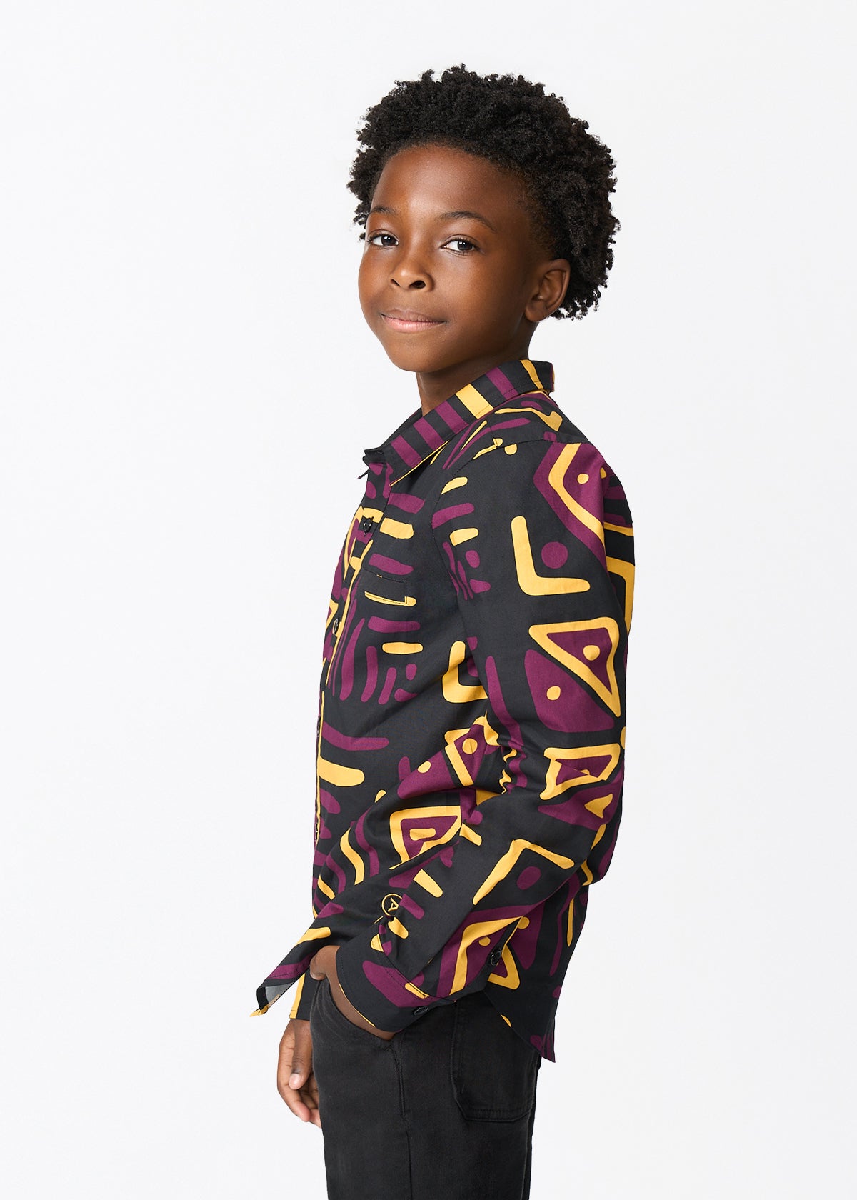 Simiyu Boy's African Print Button-Up (Plum Black Tribal) - D'IYANU