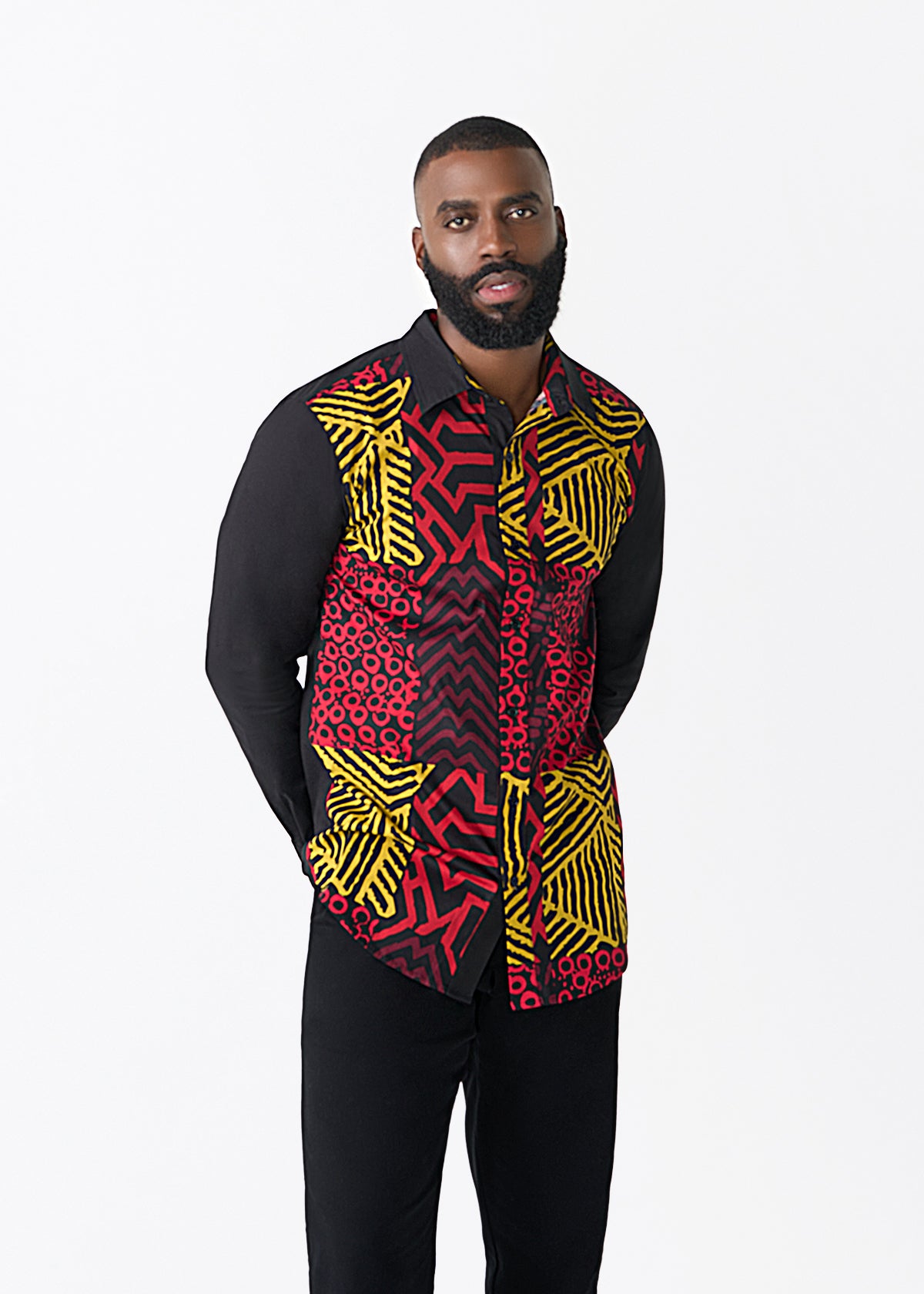 Sipho Men's African Print Button-up Shirt (Black Cherry Multipattern)