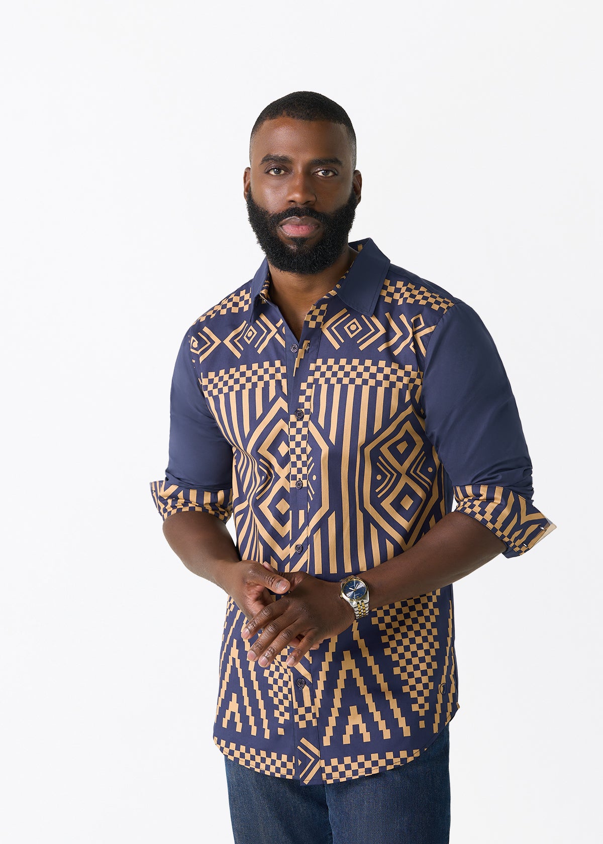 Sipho Men's African Print Button-up Shirt (Navy Tan Tribal)