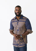 Sipho Men's African Print Button-up Shirt (Navy Tan Tribal) - D'IYANU