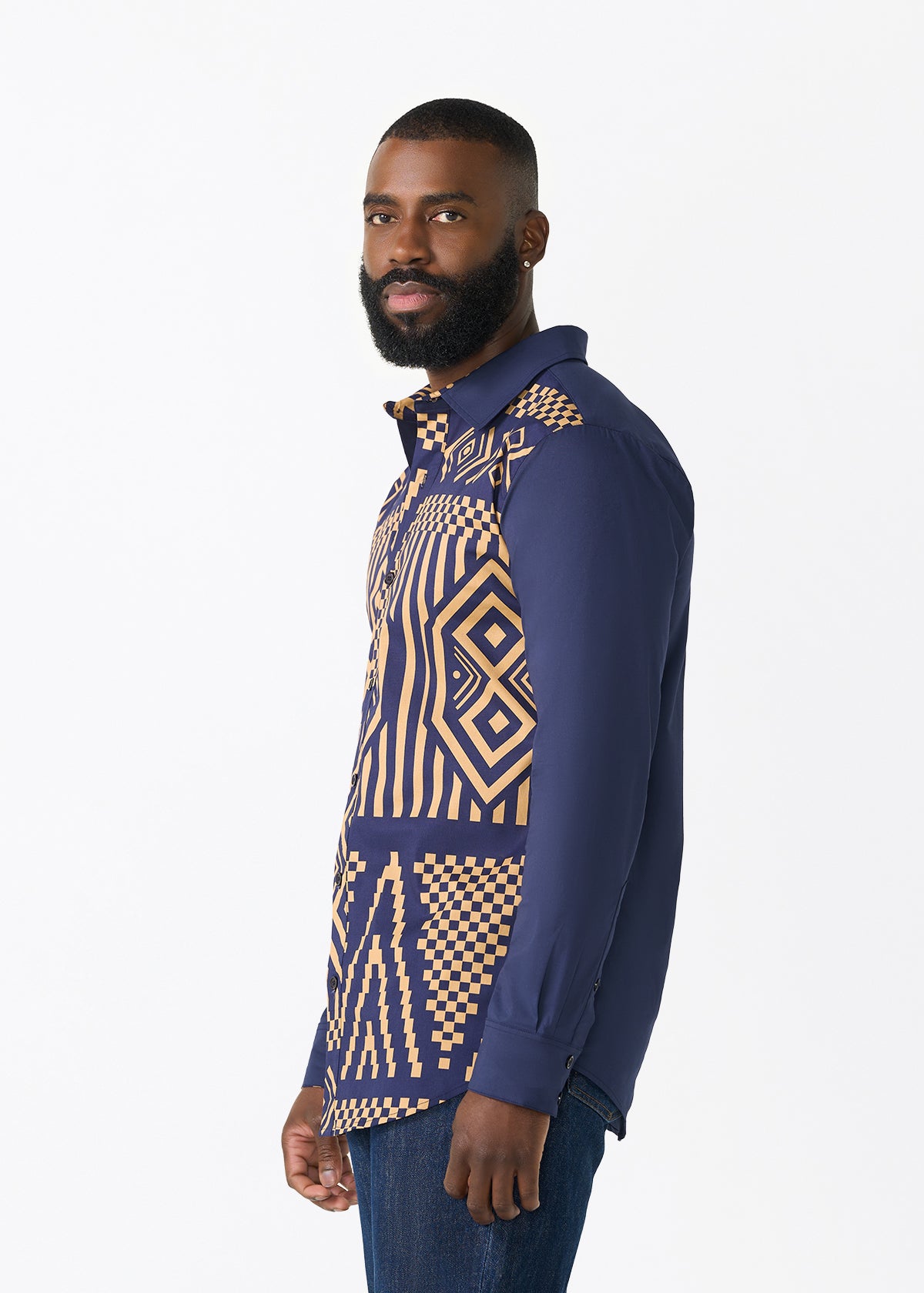 Sipho Men's African Print Button-up Shirt (Navy Tan Tribal)