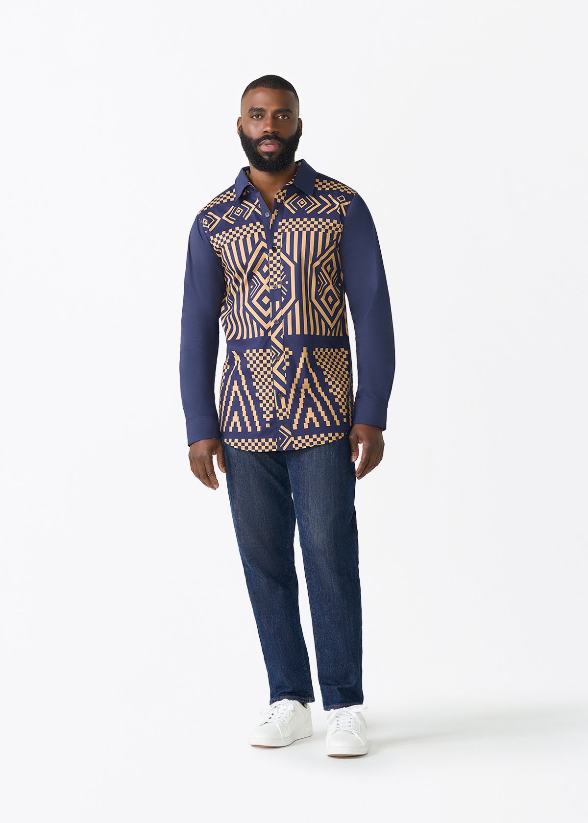 Sipho Men's African Print Button-up Shirt (Navy Tan Tribal)