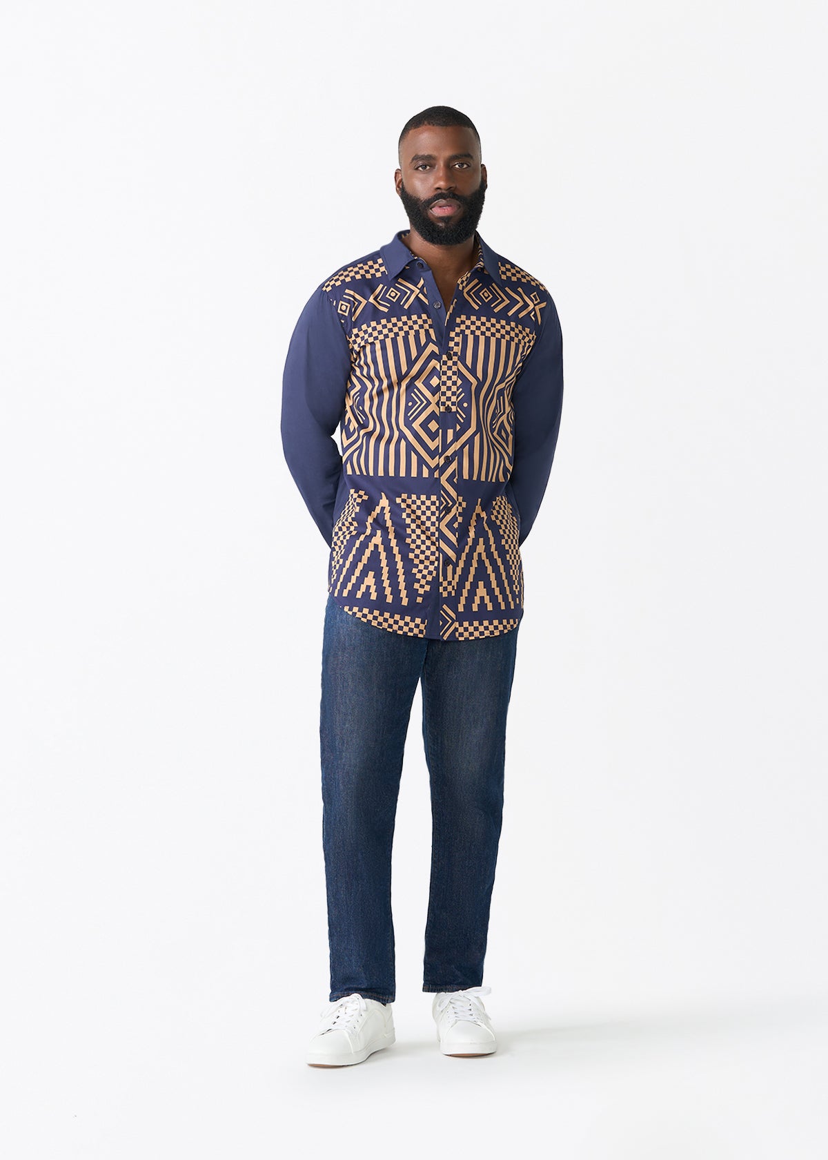 Sipho Men's African Print Button-up Shirt (Navy Tan Tribal)