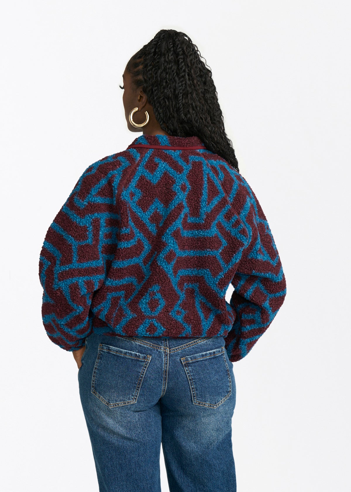 Sisi Women's African Print Teddy Fleece Jacket (Maroon Teal Tribal) - D'IYANU