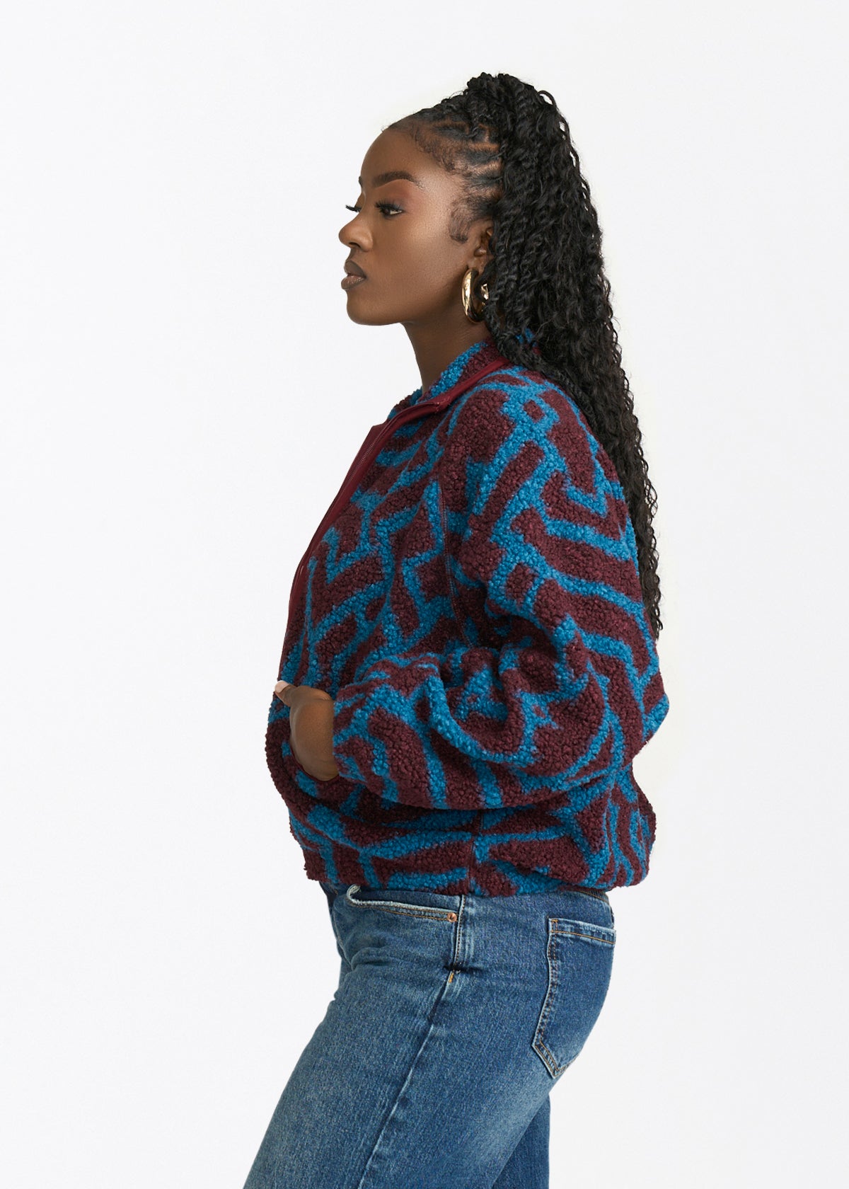 Sisi Women's African Print Teddy Fleece Jacket (Maroon Teal Tribal) - D'IYANU