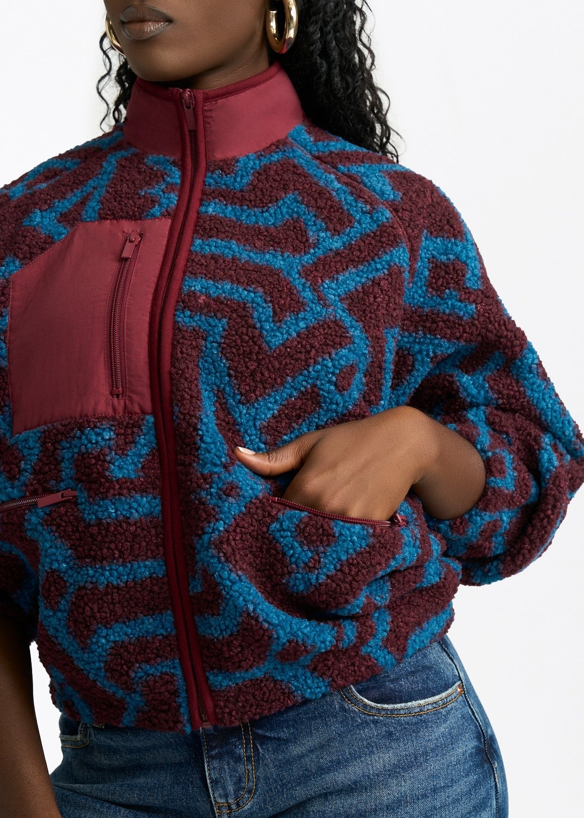 Sisi Women's African Print Teddy Fleece Jacket (Maroon Teal Tribal) - D'IYANU