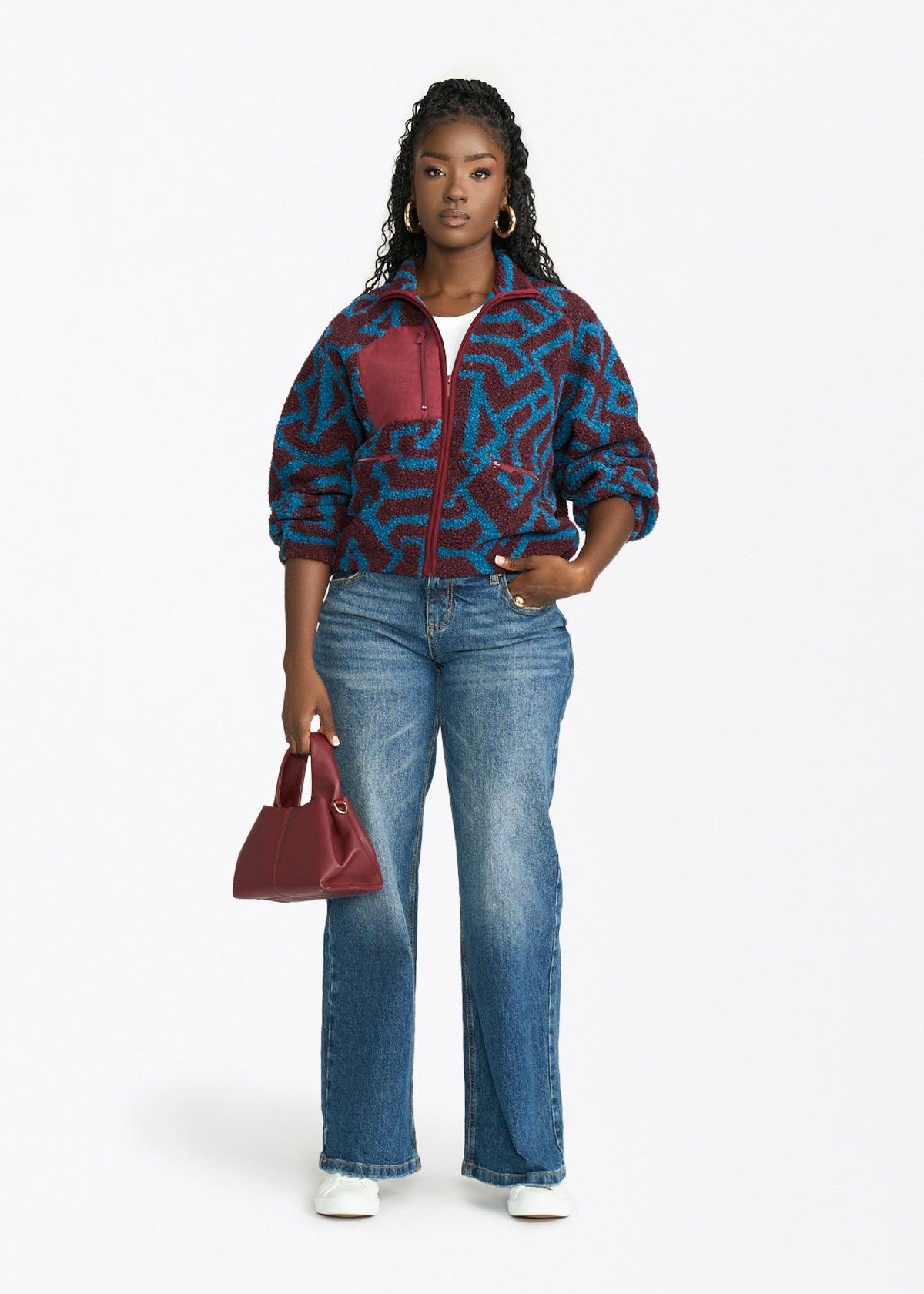 Sisi Women's African Print Teddy Fleece Jacket (Maroon Teal Tribal) - D'IYANU