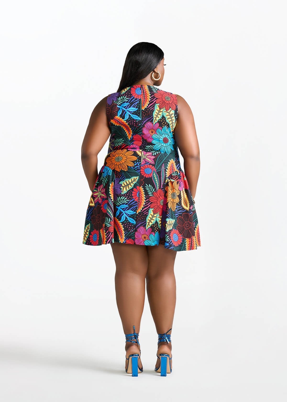 Tadala Women's African Print Stretch Mini Dress (Black Tropical Floral) - D'IYANU