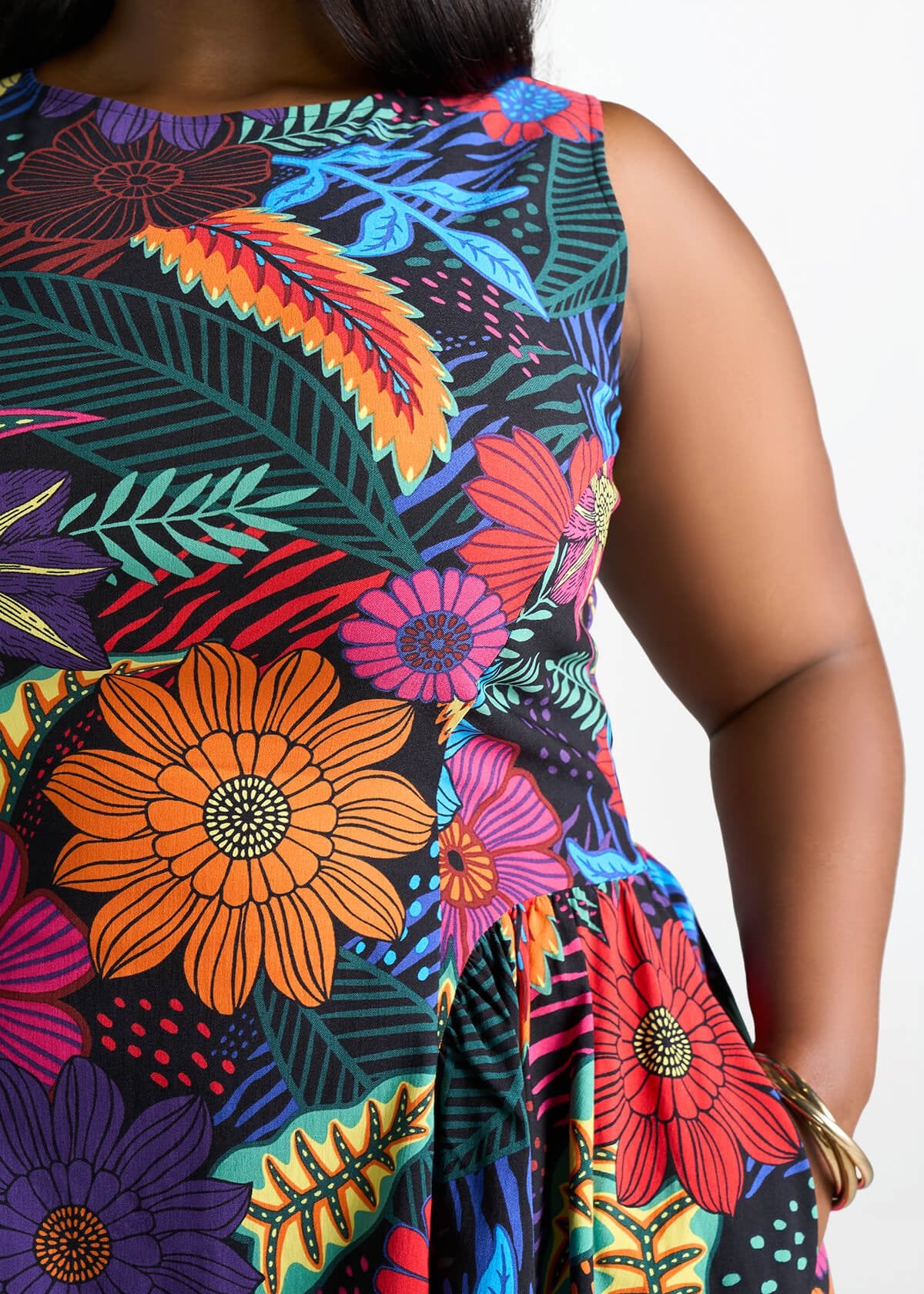 Tadala Women's African Print Stretch Mini Dress (Black Tropical Floral) - D'IYANU