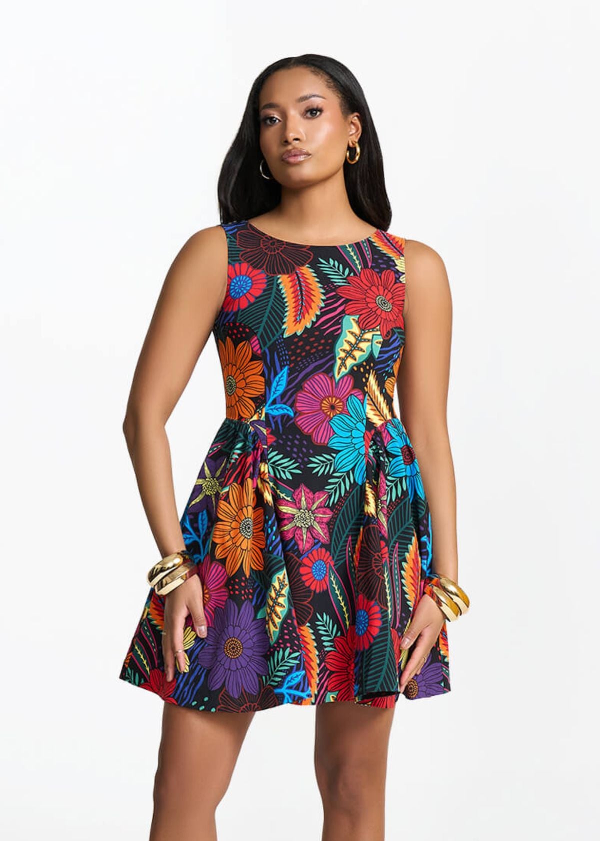 D'IYANU Women's Stretch Mini Dress - Black Tropical Floral