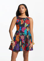 Tadala Women's African Print Stretch Mini Dress (Black Tropical Floral) - D'IYANU